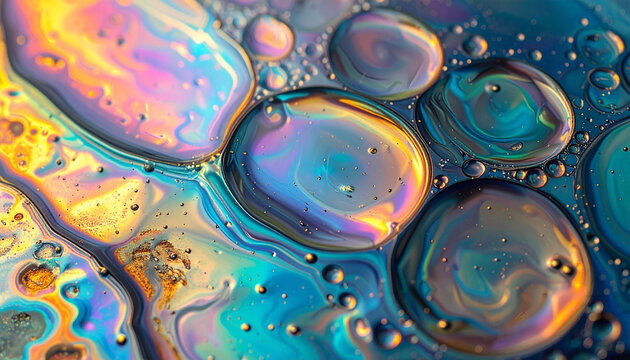 Iridescent oil droplets on liquid surface