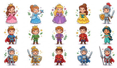 Fototapeta premium Set of princesses princes and knights vector cartoon illustration isolated on white background