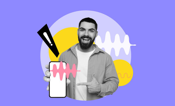 A man points to a smartphone while smiling. The background shows colorful shapes and sound waves. The scene seems lively and engaging, with bright colors creating interest.
