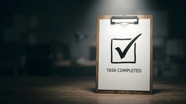 Clipboard with a paper showing a checked box and the text Task Completed on a dark wooden desk, conceptual image symbolizing productivity, achievement, project completion, success and getting things 