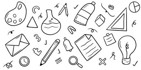 A cute hand-drawn doodle collection of various school supplies, education elements, and creative tools © Alvian