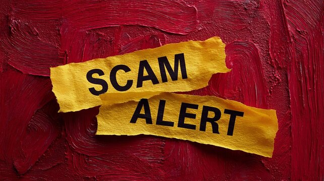 Bold yellow 'Scam Alert' text on torn paper against a vibrant red background, emphasizing a warning message.