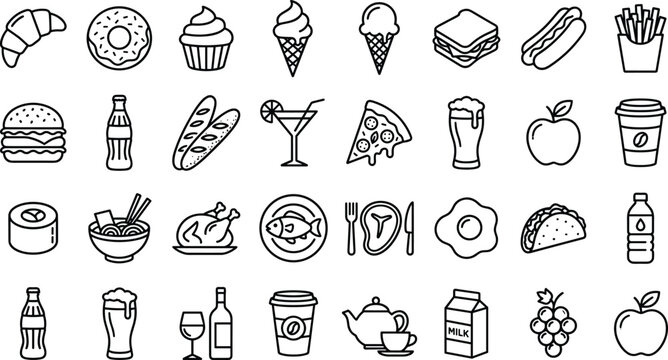 Set of hand drawn food and drink doodle icons.