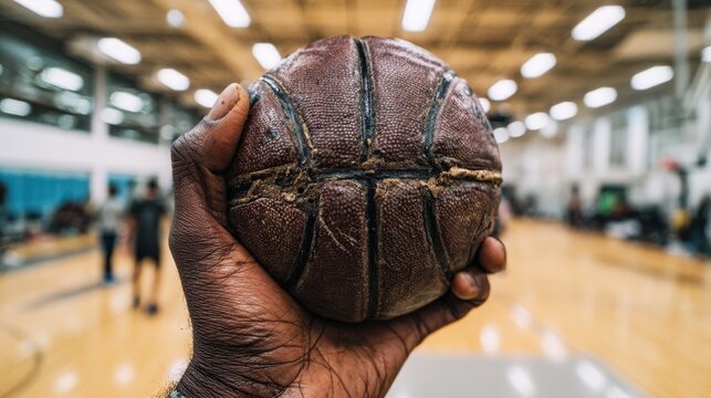 Worn Basketball Held in Hand at Court