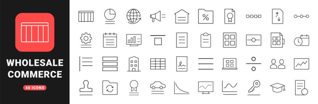 Business finance line icon set. Vector pictograms of wholesale pricing, distributor margin, commercial logistics, and corporate cost elements, thin linear illustration.