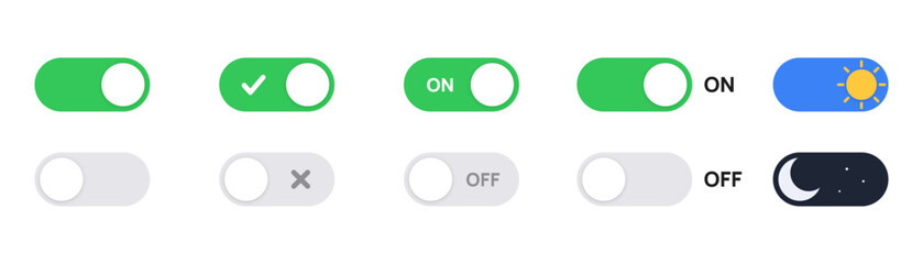 Toggle switch icon on and off button clipart with green day night sun and moon power ui symbols vector on transparent background © aimthy stock
