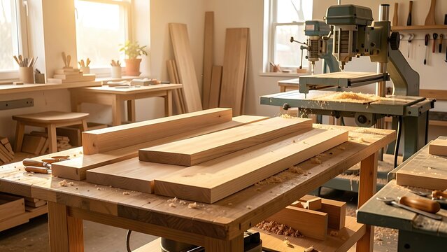 Wooden planks on a workbench with a drilling machine and shavings in a sun-drenched carpentry workshop. The concept of woodworking and handicrafts.
