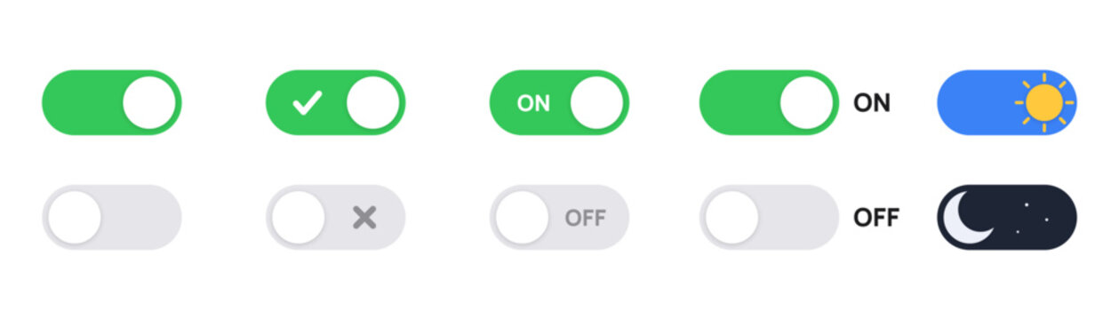 Toggle switch icon on and off button clipart with green day night sun and moon power ui symbols vector on transparent background