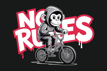 Fototapeta premium Cartoon monkey riding a bmx bike with 'no rules' graffiti text illustration