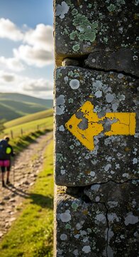 Hiking Trail Marker in Scenic Mountain Landscape Split View.