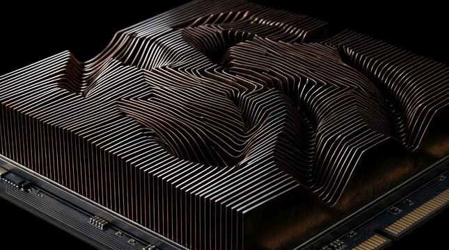 Processor chip design features intricate layered cooling fins and dark metallic textures arranged in an abstract topographic pattern to demonstrate advanced high performance hardware engineering.