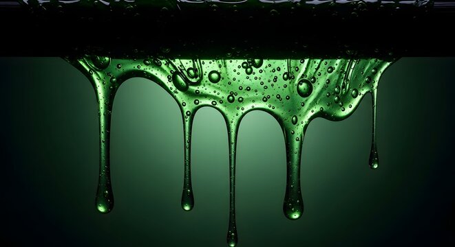 Green slime dripping from a dark horizontal bar, viscous liquid texture with bubbles, spooky halloween background element
