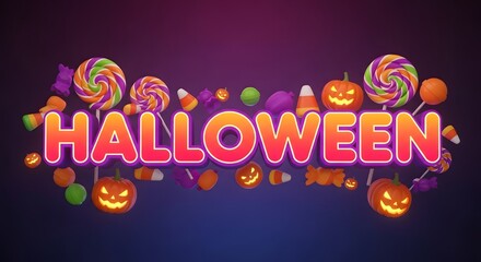 Fototapeta premium Halloween 3d typography banner with colorful lollipops, pumpkins, and candy on a dark purple gradient background