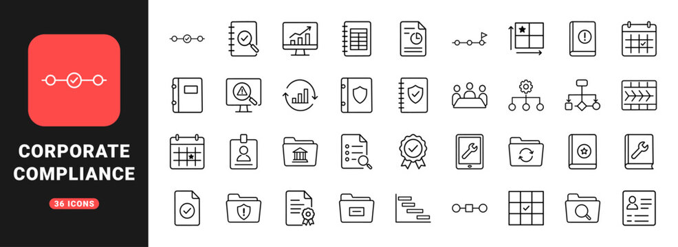 Corrective action plan line icon set. Vector pictograms of compliance, quality control, risk assessment, and process improvement elements, thin linear illustration.