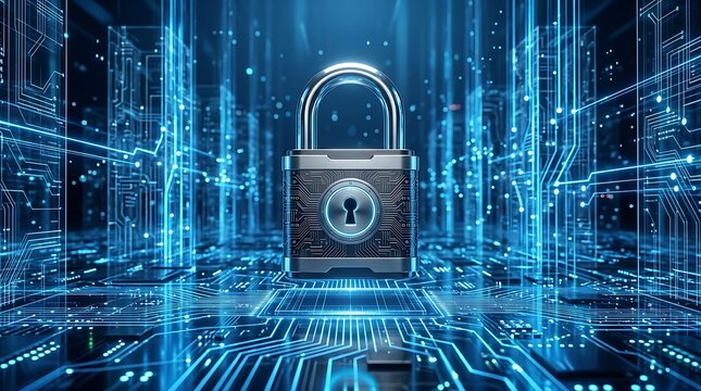 Secure digital vault concept with a metallic padlock surrounded by glowing blue vertical data streams and circuit board floor