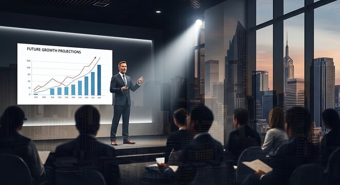 Businessman delivering presentation to engaged corporate audience.