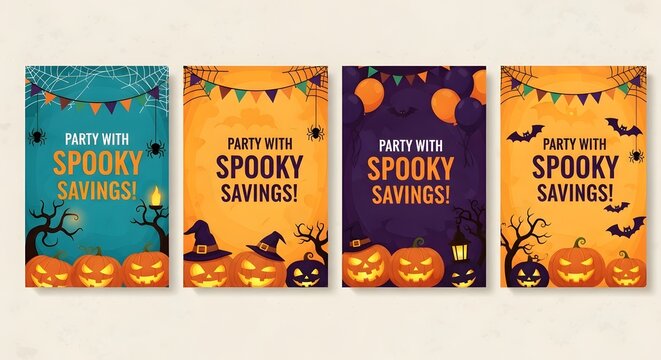 Set of four halloween party invitation cards with spooky pumpkins, bats, spiders, and cobwebs on colorful backgrounds for seasonal holiday sales
