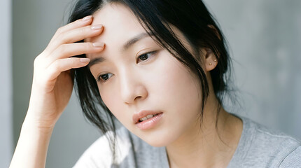 Fototapeta premium A young asian woman with a concerned expression touching her forehead