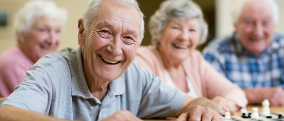 Fototapeta premium This heartwarming image of elderly friends smiling and playing chess captures the joy of companionship and intellectual engagement in their golden years.