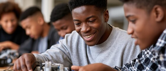 A group of enthusiastic teenagers collaborating on a robotics project, exemplifying teamwork, innovation, and creativity in technology and engineering.
