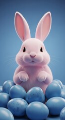 Obraz premium Cute Pink Bunny Sitting on Blue Easter Eggs Background.