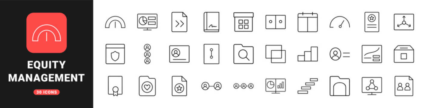 Equity management line icon set. Vector pictograms of corporate finance, investment share, stock option, and capital structure elements, thin linear illustration.