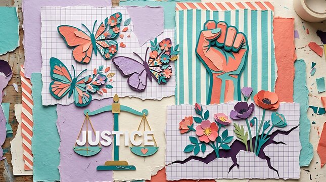Collage art featuring butterflies, a raised fist, scales of justice, and flowers on torn paper background