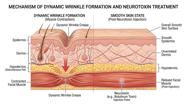 Medical diagram of skin wrinkle formation and neurotoxin treatment