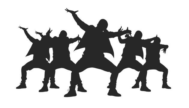 Dancers perform a synchronized hip hop routine while striking dynamic poses in dark silhouette form.
