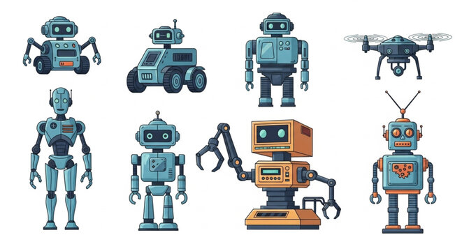 Set of vintage and modern robot illustrations in flat pixel art style. Collection of robotic characters, drones, and industrial androids isolated on white background.