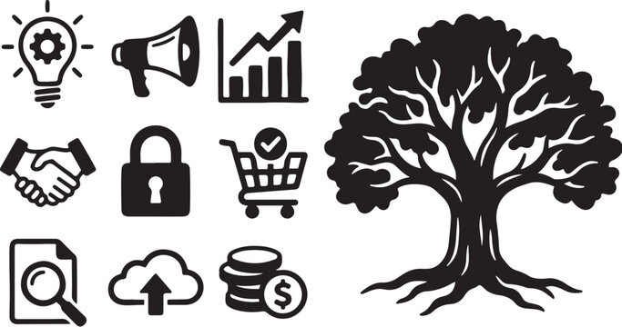 Business Growth and Finance Icons with Tree Symbol