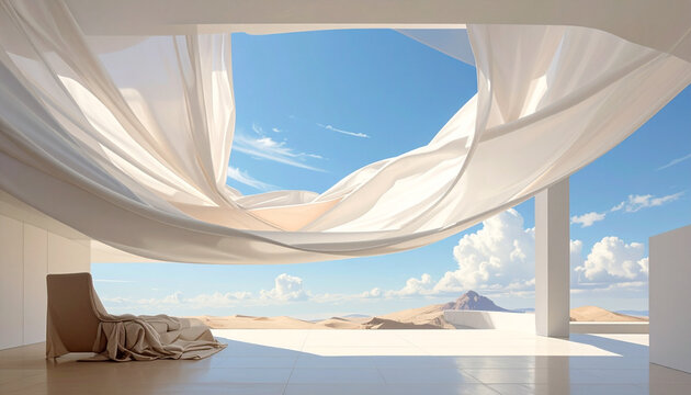 Modern interior with desert view and flowing fabric