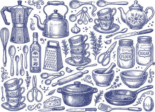 Detailed hand drawn kitchen utensils and cooking equipment collection in vintage blue style.