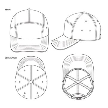 Technical Drawing of Baseball Cap Views and Details.