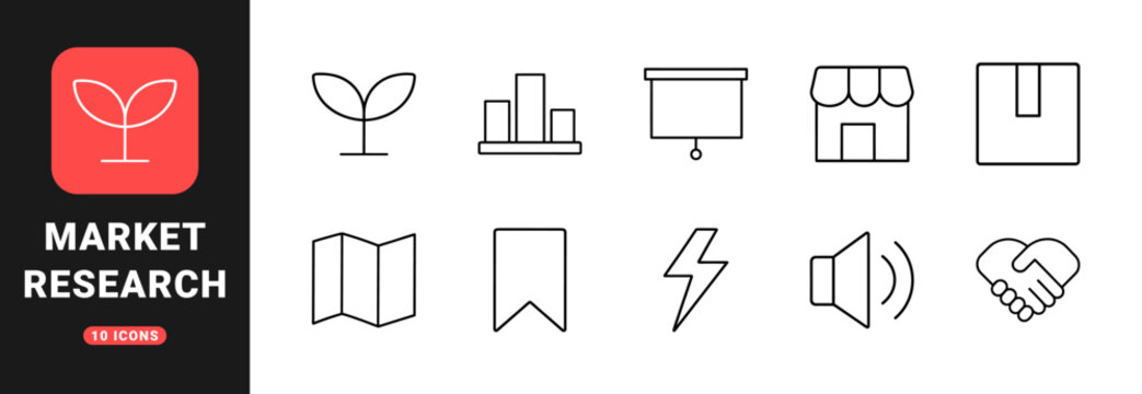 Focus group planning line icon set. Vector pictograms of research, discussion, audience, and strategy elements, thin linear illustration.