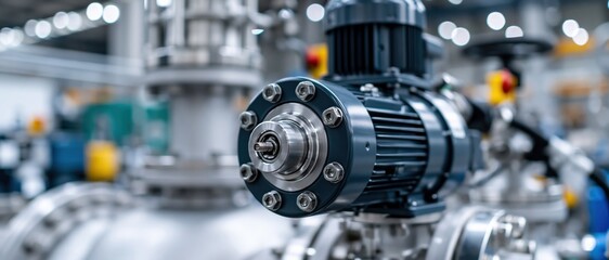 Obraz premium A detailed view of a robust industrial motor mounted on metallic machinery, showcasing the intricate engineering and high-quality materials used in modern manufacturing processes.