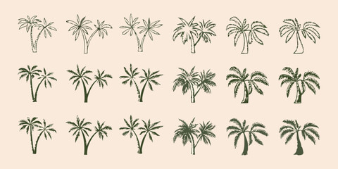 set of hand drawn palm trees in green on beige background illustration © Debashis