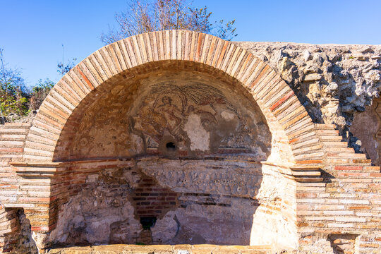 Roman nymphaeum, a monument dedicated to water nymphs, located in the ancient city of Nicopolis near Preveza, Greece