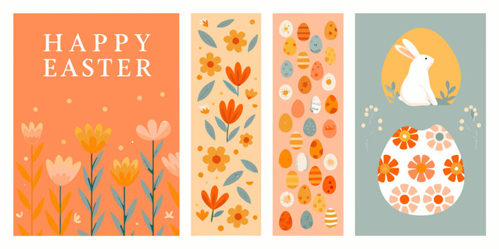 set of four vertical easter greeting cards with floral and bunny designs