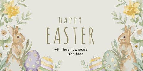 happy easter greeting card with watercolor bunnies and eggs flowers spring holiday © Debashis