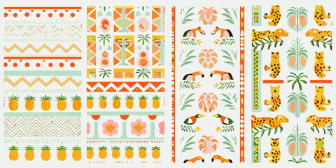 tropical patterns with pineapples birds and leopards vector illustration colorful folk art © Debashis