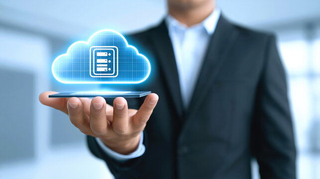 Cloud server hologram mobile phone held by businessman suit showing digital data storage and network security, modern technology visualization