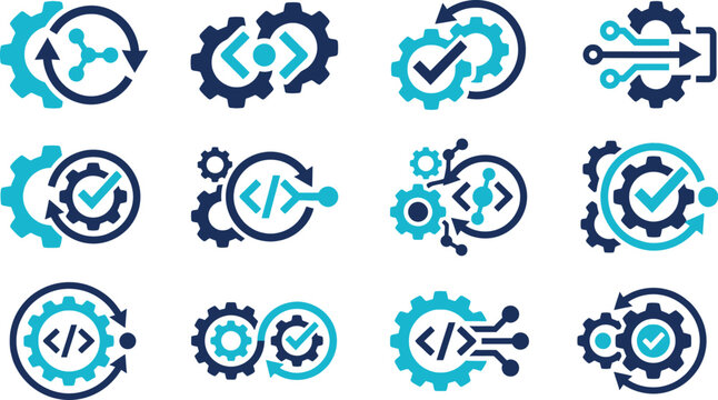 DevOps automation icons set, 12 software development and workflow process gear symbols, agile programming and system integration vector signs