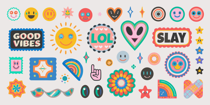 retro pop art stickers in colorful vector style nineties vintage smiley face