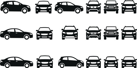 Black Silhouette Various Car Vector Icon Set with SUV Sedan Hatchback and Jeep Views for Transportation Automotive and Infographic Design Projects © PANNA12