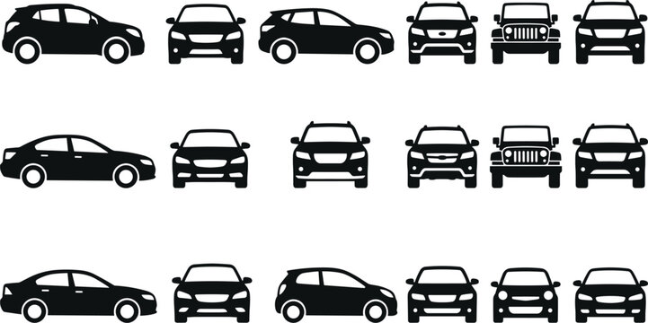 Black Silhouette Various Car Vector Icon Set with SUV Sedan Hatchback and Jeep Views for Transportation Automotive and Infographic Design Projects