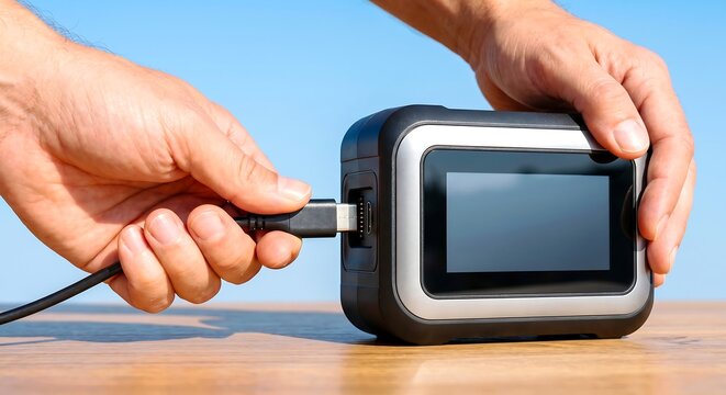 Close up of human hands plugging a black USB type-c charging cable into a compact portable power bank generator with a blank screen, placed on a wooden surface against a blue sky.
