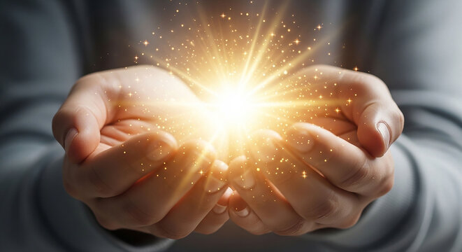 Radiant Spark of Creation: Two cupped hands cradle a brilliant, star-like burst of golden light and shimmering particles, symbolizing new ideas, hope, and the beginning of something magical.