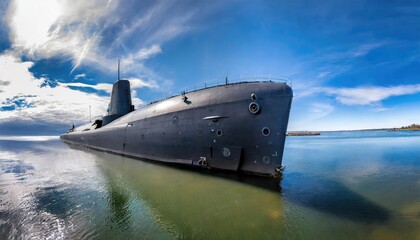 Obraz premium A submarine is anchored in the bay, silently navigating the calm waters with its sleek silhouette. Generated with AI