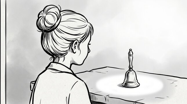 Woman sitting at a table looking at a small bell with her back to the viewer in a black and white illustration